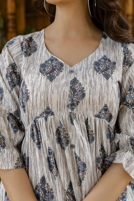 Women Off-White Printed Flared Dress | LASVINI - Redefining Indian Fashion with Elegance