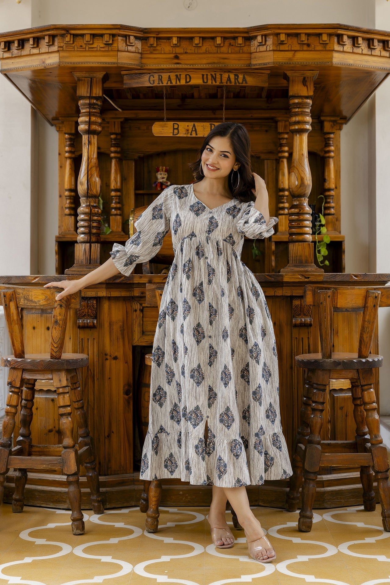 Women Off-White Printed Flared Dress | LASVINI - Redefining Indian Fashion with Elegance