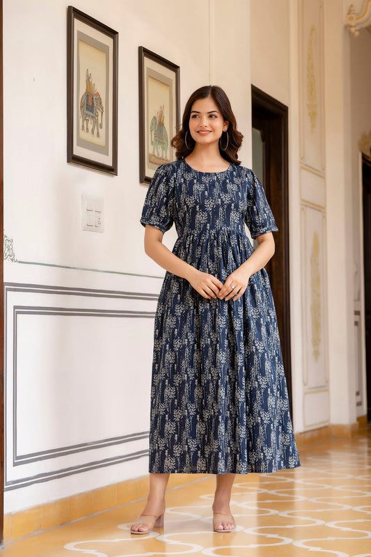 Women Navy Blue Printed Flared Dress | LASVINI - Redefining Indian Fashion with Elegance