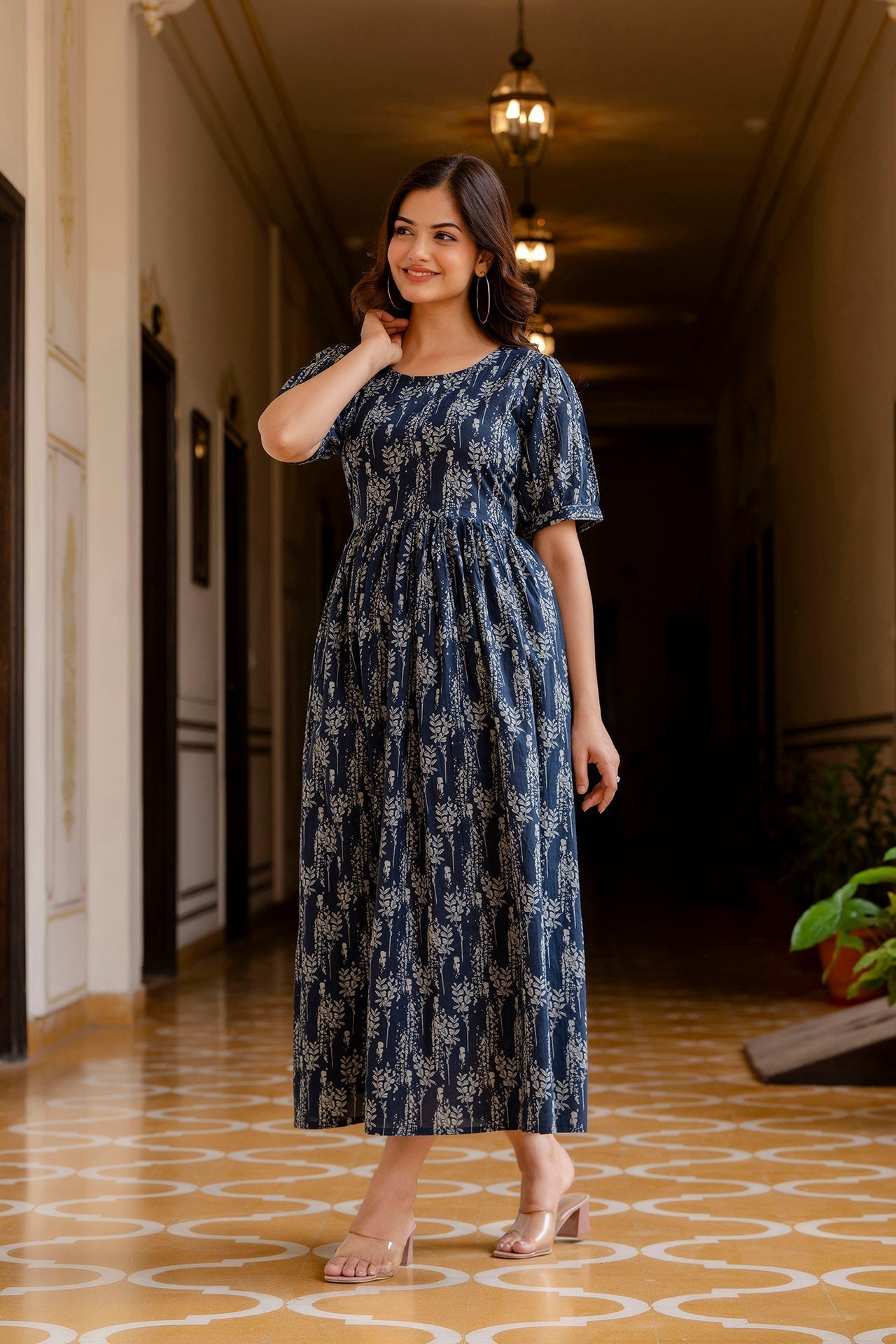Women Navy Blue Printed Flared Dress | LASVINI - Redefining Indian Fashion with Elegance