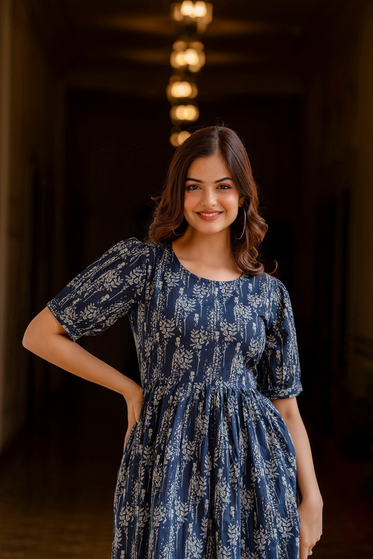 Women Navy Blue Printed Flared Dress | LASVINI - Redefining Indian Fashion with Elegance