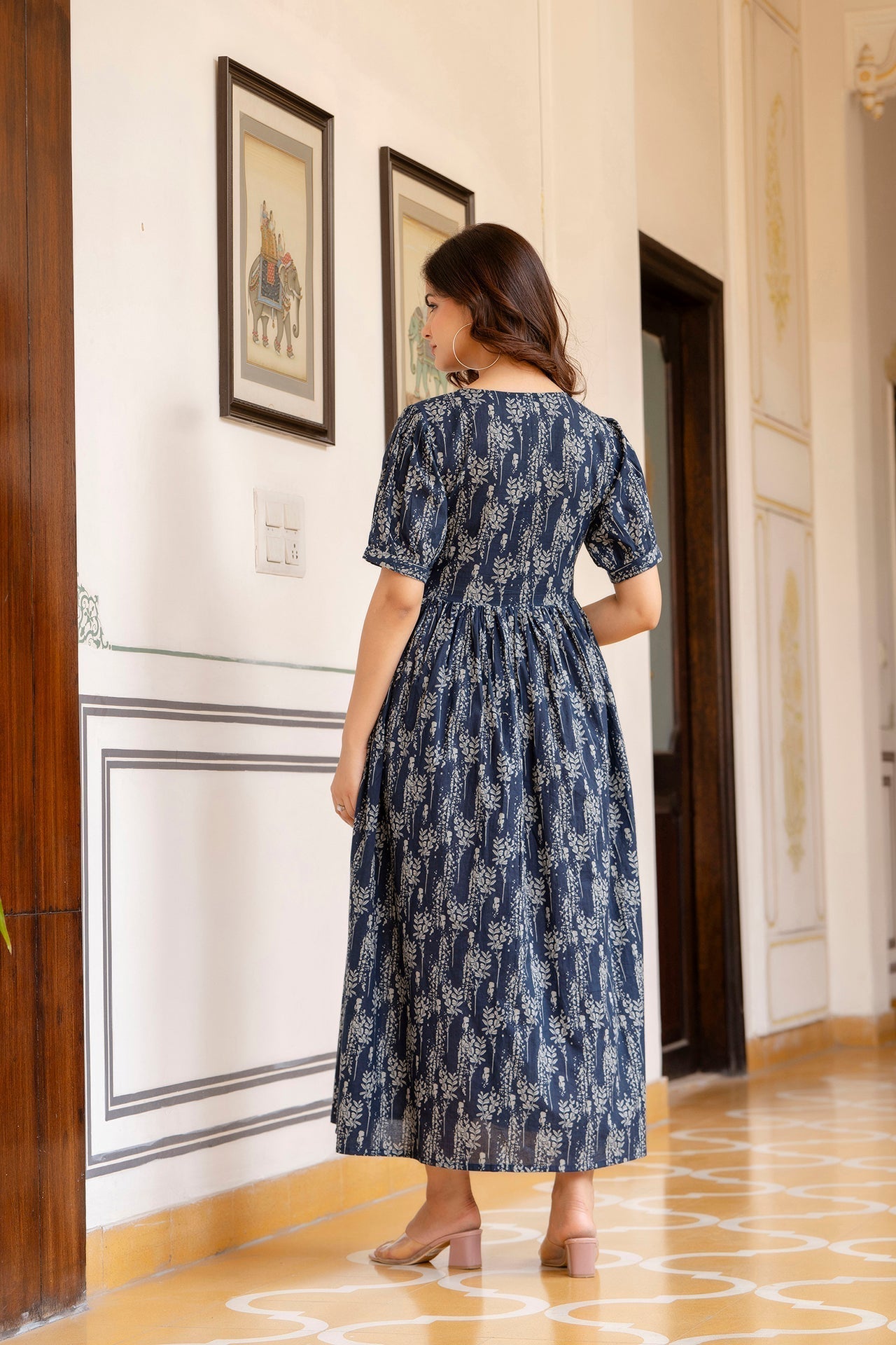 Women Navy Blue Printed Flared Dress | LASVINI - Redefining Indian Fashion with Elegance