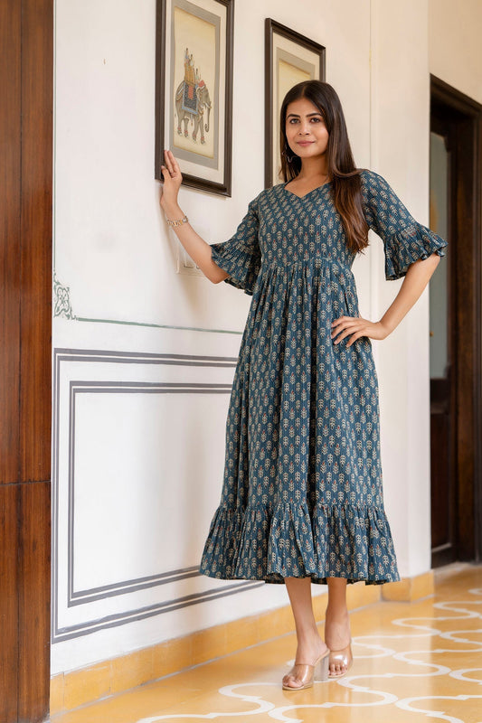 Women Teal Ethnic Printed Flared Dress | LASVINI - Redefining Indian Fashion with Elegance