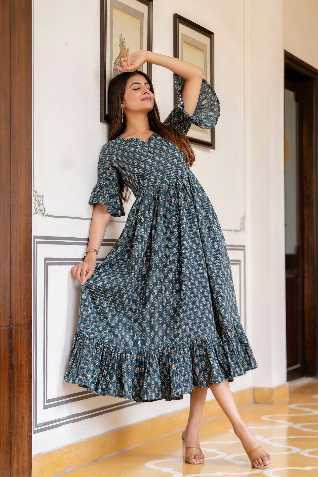 Women Teal Ethnic Printed Flared Dress | LASVINI - Redefining Indian Fashion with Elegance