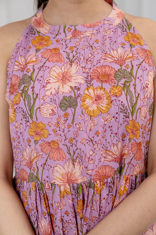 Women Lavender Printed Sleeveless Flared Dress | LASVINI - Redefining Indian Fashion with Elegance