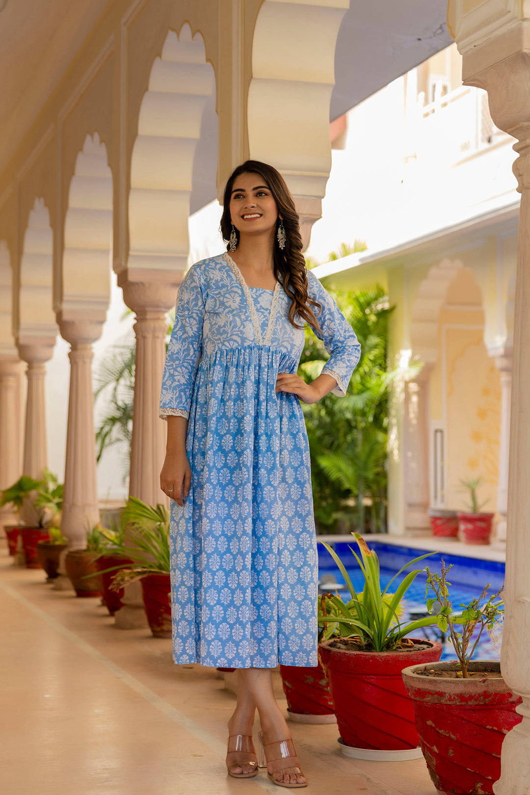 Women Blue Ethnic Printed Flared Dress | LASVINI - Redefining Indian Fashion with Elegance