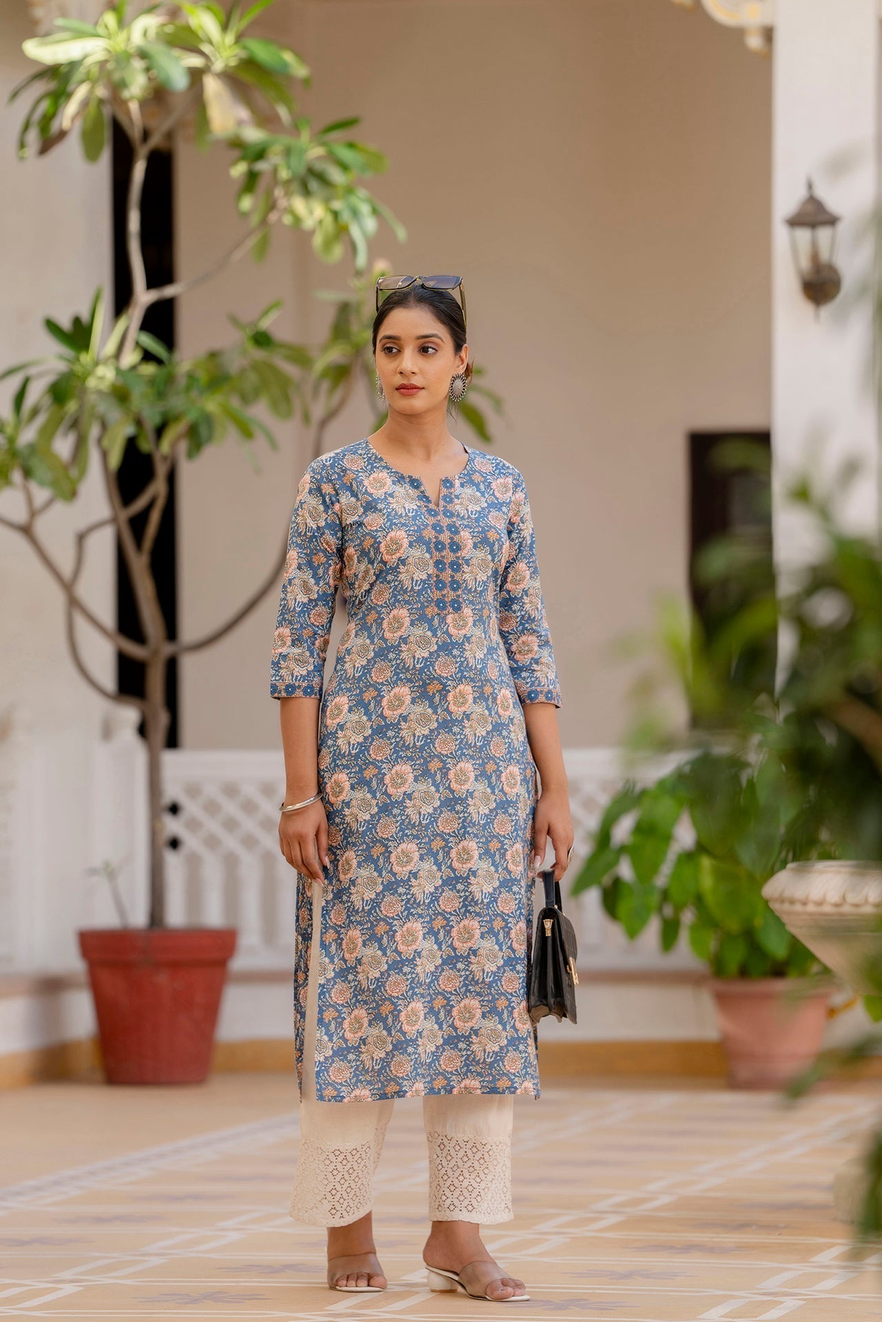 Women Blue Printed Straight Kurta With Three Quarter Sleeves | LASVINI - Redefining Indian Fashion with Elegance
