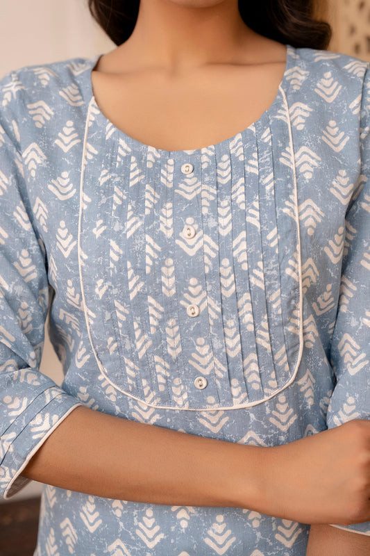 Women Blue Printed Straight Kurta With Three Quarter Sleeves | LASVINI - Redefining Indian Fashion with Elegance