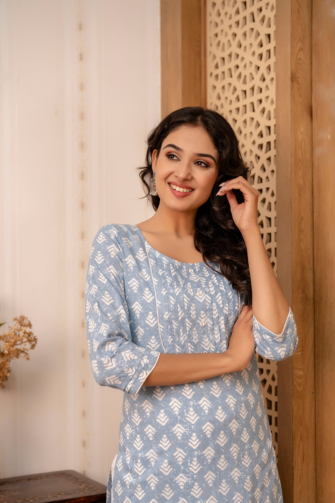 Women Blue Printed Straight Kurta With Three Quarter Sleeves | LASVINI - Redefining Indian Fashion with Elegance