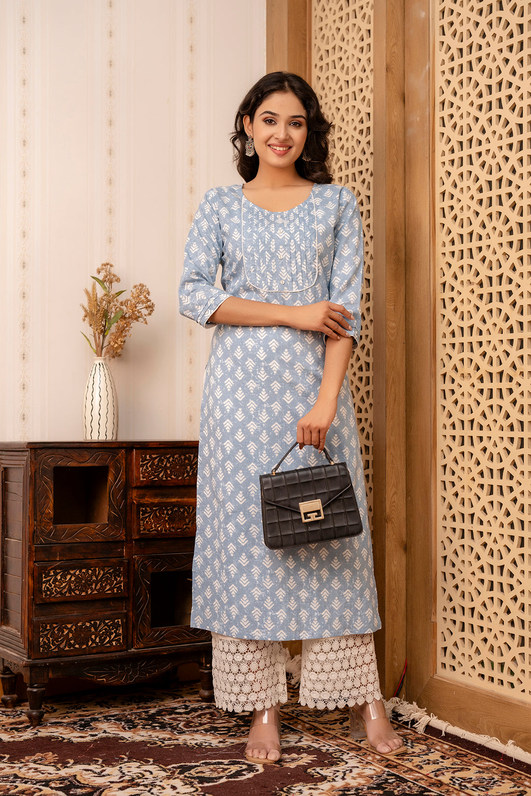 Women Blue Printed Straight Kurta With Three Quarter Sleeves | LASVINI - Redefining Indian Fashion with Elegance