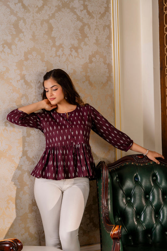 Women Burgundy Peplum Tunic | LASVINI - Redefining Indian Fashion with Elegance