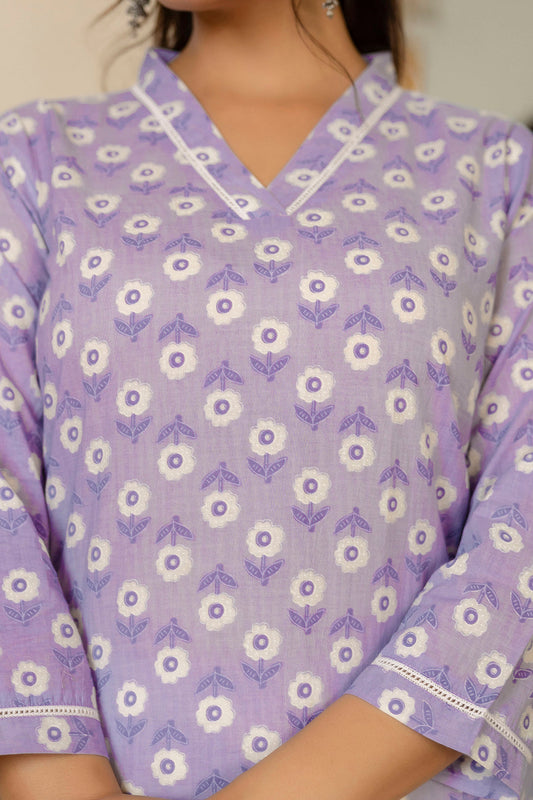 Women Purple Ethnic Printed Straight Kurta With Three Quarter Sleeves | LASVINI - Redefining Indian Fashion with Elegance