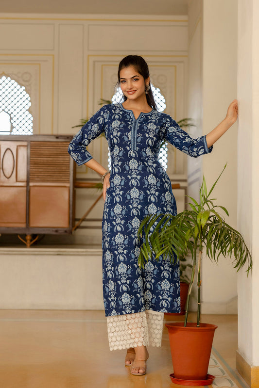 Women Blue Printed Straight Kurta With Three Quarter Sleeves | LASVINI - Redefining Indian Fashion with Elegance
