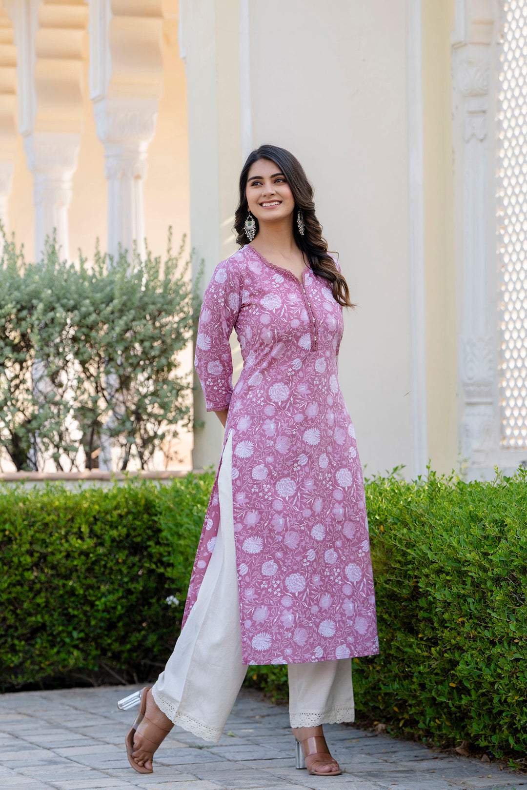 Women Mauve Ethnic Printed Straight Kurta With Three Quarter Sleeves | LASVINI - Redefining Indian Fashion with Elegance