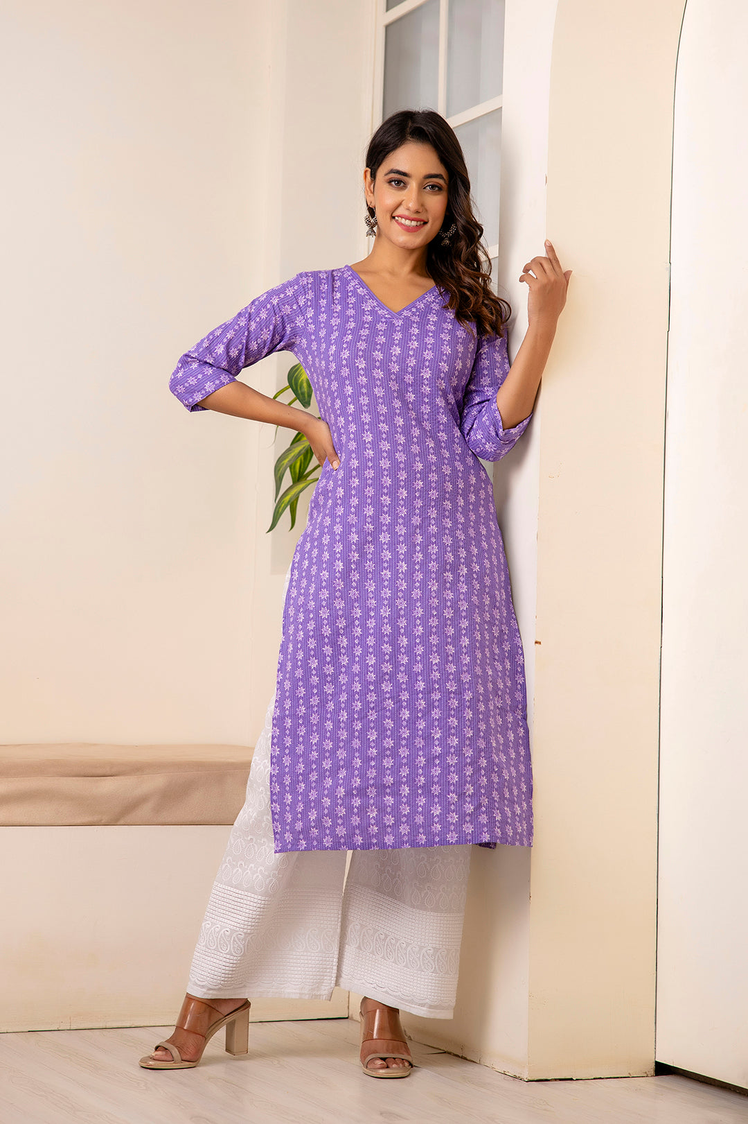 Women Purple Printed Straight Kurta With Three Quarter Sleeves | LASVINI - Redefining Indian Fashion with Elegance
