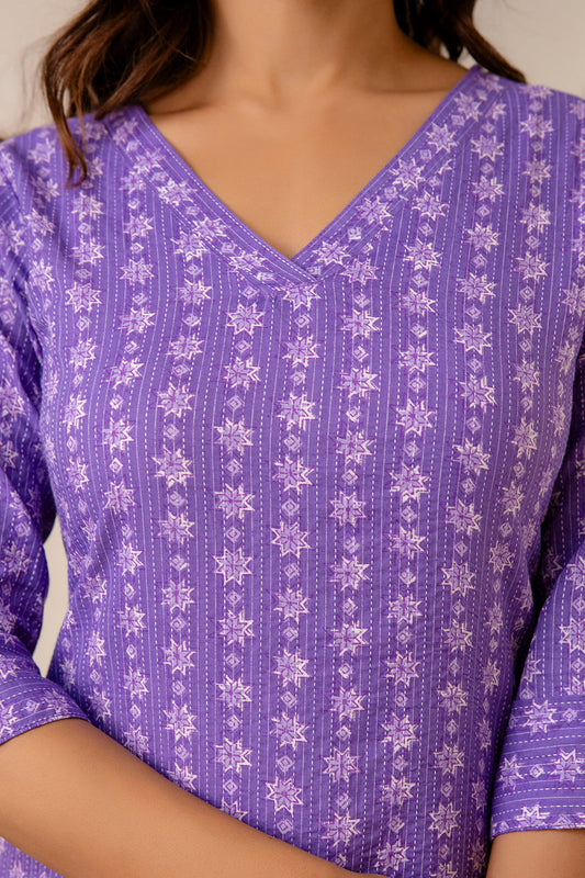 Women Purple Printed Straight Kurta With Three Quarter Sleeves | LASVINI - Redefining Indian Fashion with Elegance