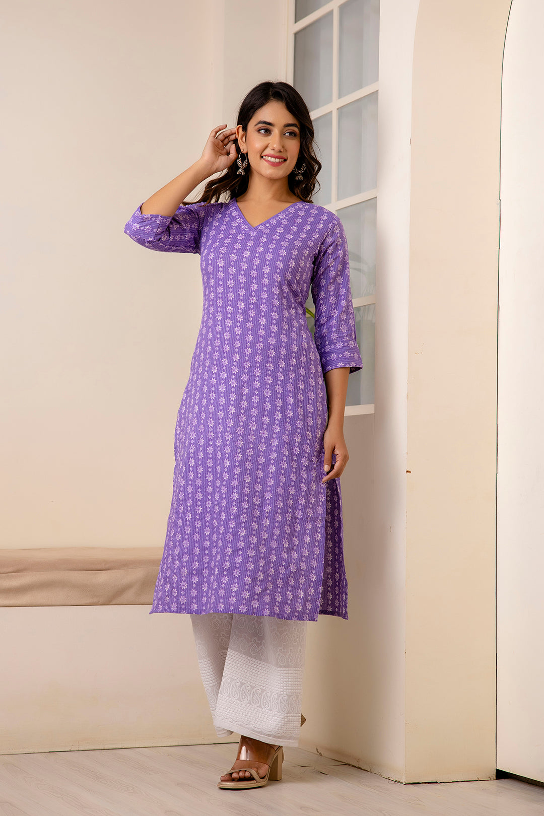 Women Purple Printed Straight Kurta With Three Quarter Sleeves | LASVINI - Redefining Indian Fashion with Elegance