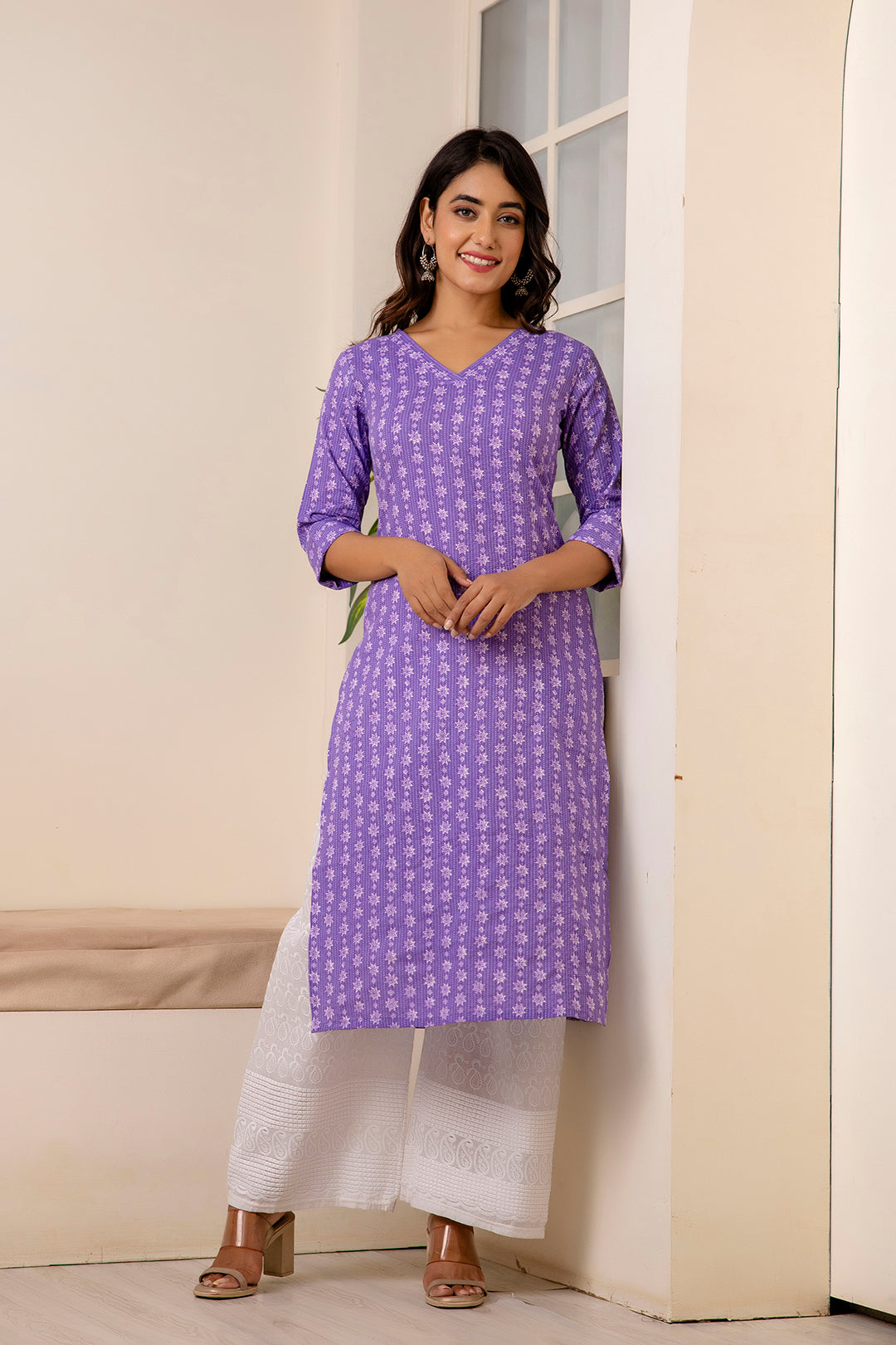 Women Purple Printed Straight Kurta With Three Quarter Sleeves | LASVINI - Redefining Indian Fashion with Elegance