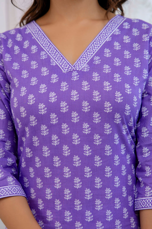 Women Purple Printed Straight Kurta With Three Quarter Sleeves | LASVINI - Redefining Indian Fashion with Elegance