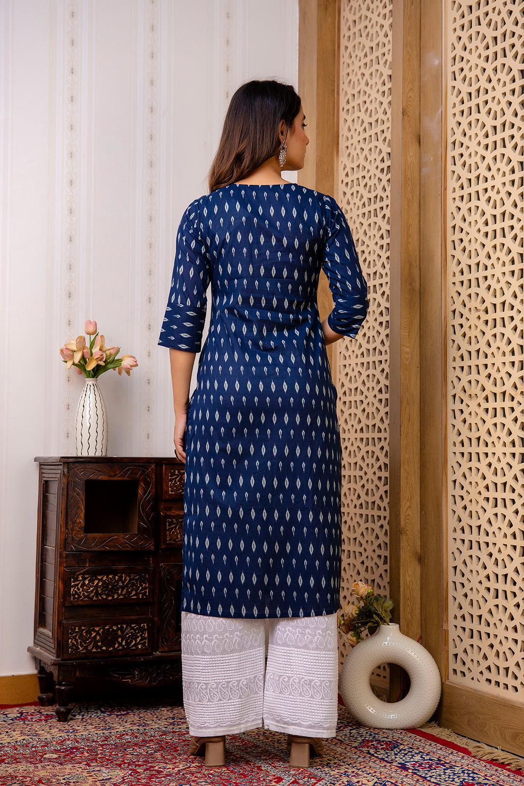 Women Navy Blue Printed Straight Kurta With Three Quarter Sleeves | LASVINI - Redefining Indian Fashion with Elegance