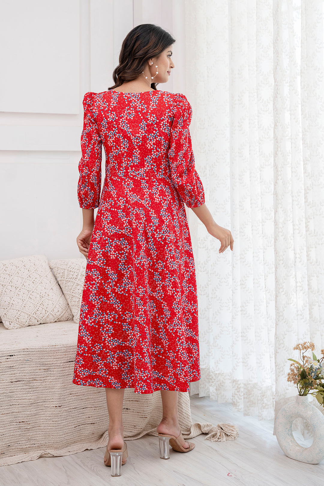 Women Red Printed Flared Dress | LASVINI - Redefining Indian Fashion with Elegance