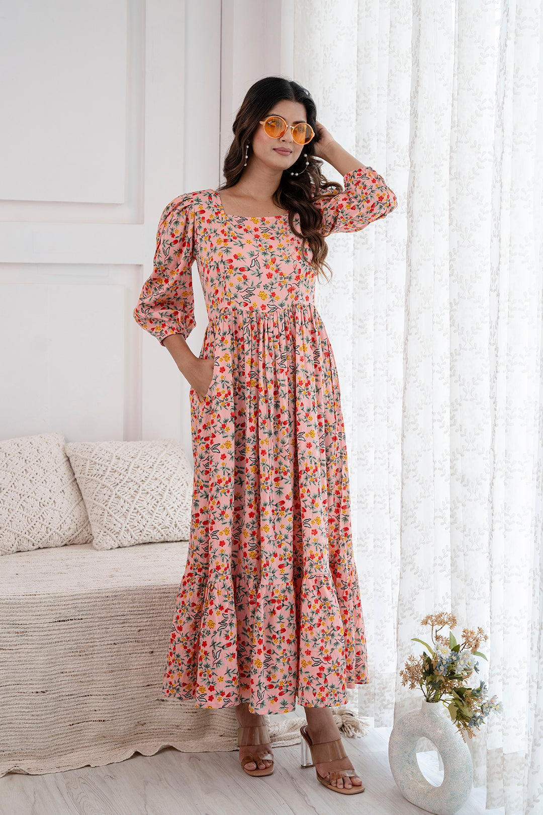 Women Peach Printed Flared Dress | LASVINI - Redefining Indian Fashion with Elegance