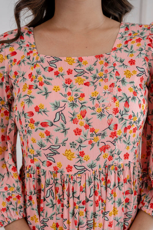 Women Peach Printed Flared Dress | LASVINI - Redefining Indian Fashion with Elegance