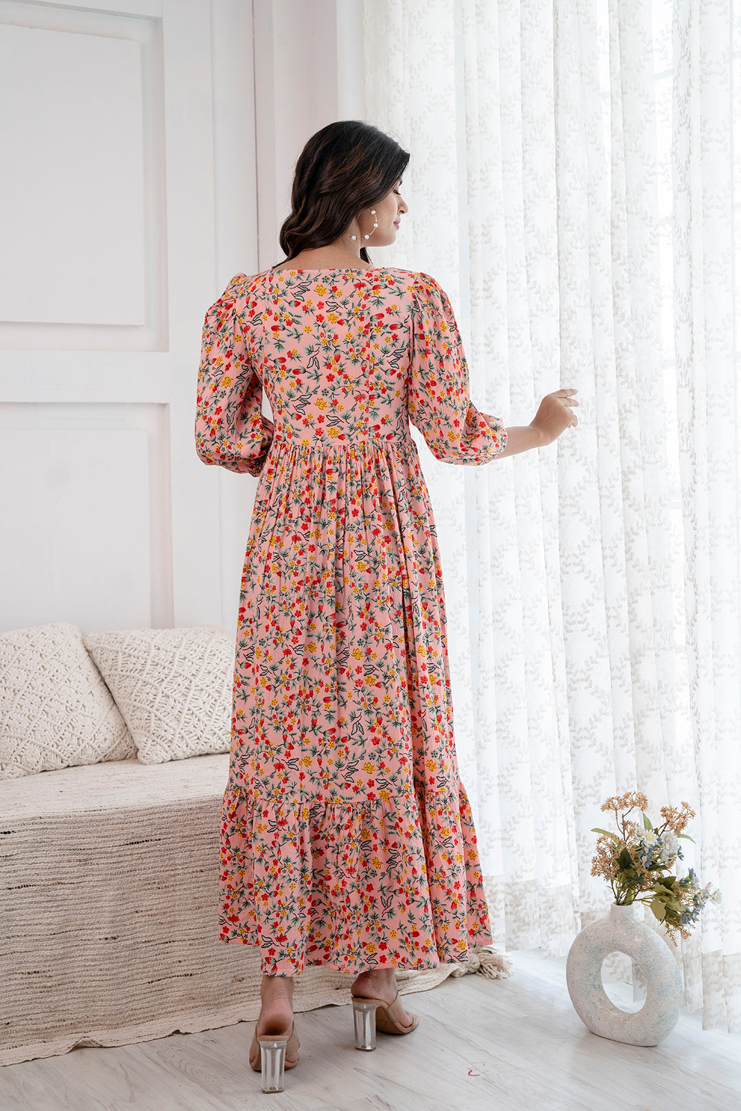 Women Peach Printed Flared Dress | LASVINI - Redefining Indian Fashion with Elegance
