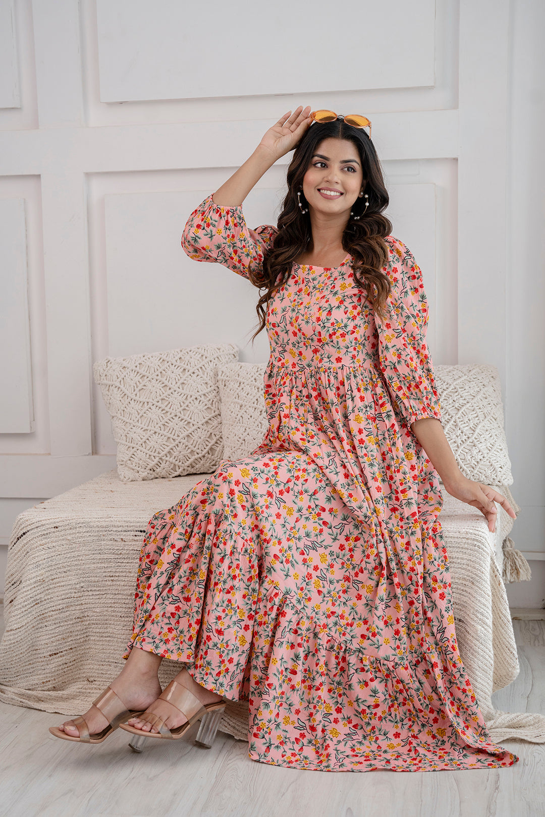 Women Peach Printed Flared Dress | LASVINI - Redefining Indian Fashion with Elegance