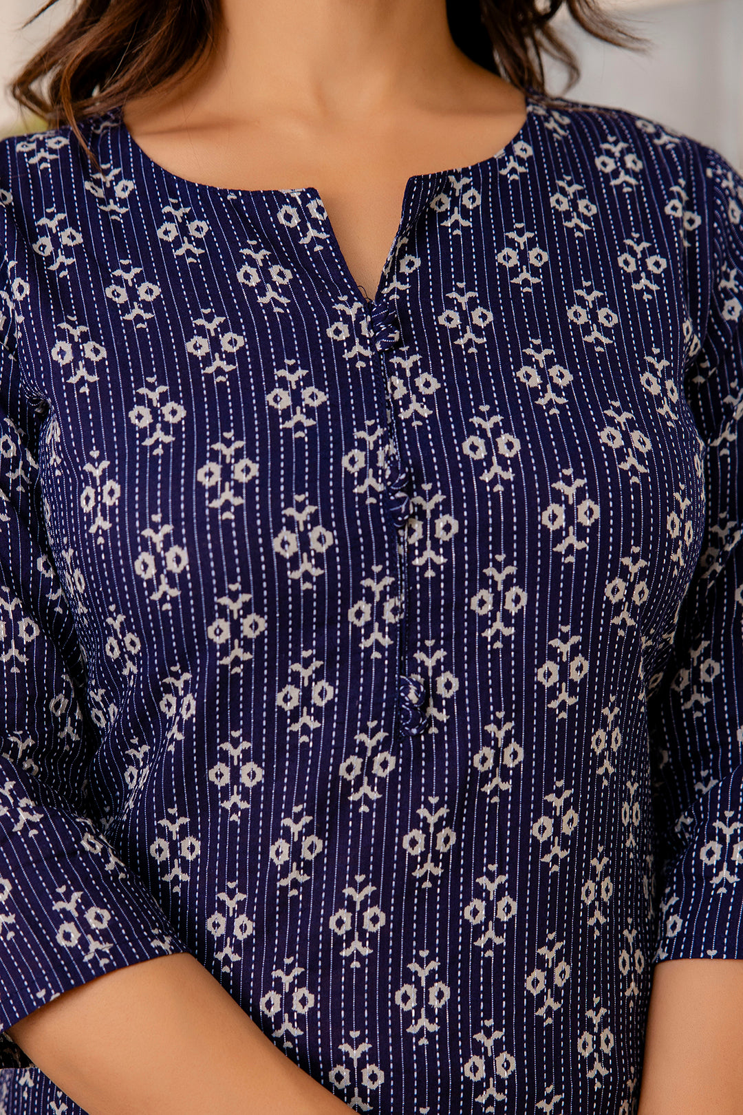 Women Navy Blue Printed Straight Kurta With Three Quarter Sleeves | LASVINI - Redefining Indian Fashion with Elegance