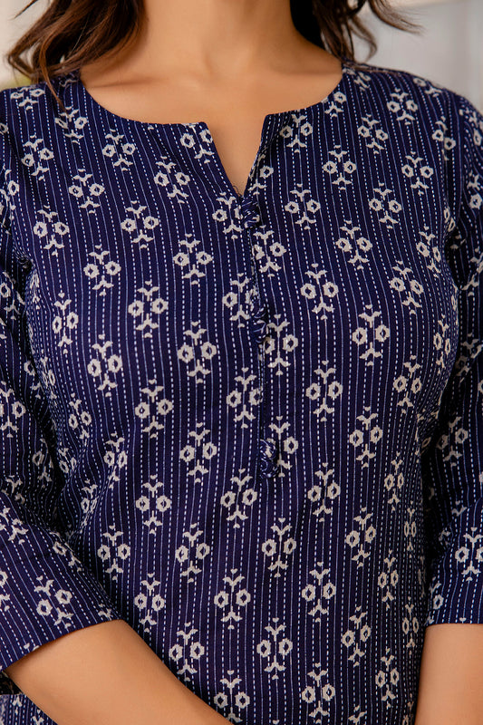 Women Navy Blue Printed Straight Kurta With Three Quarter Sleeves | LASVINI - Redefining Indian Fashion with Elegance