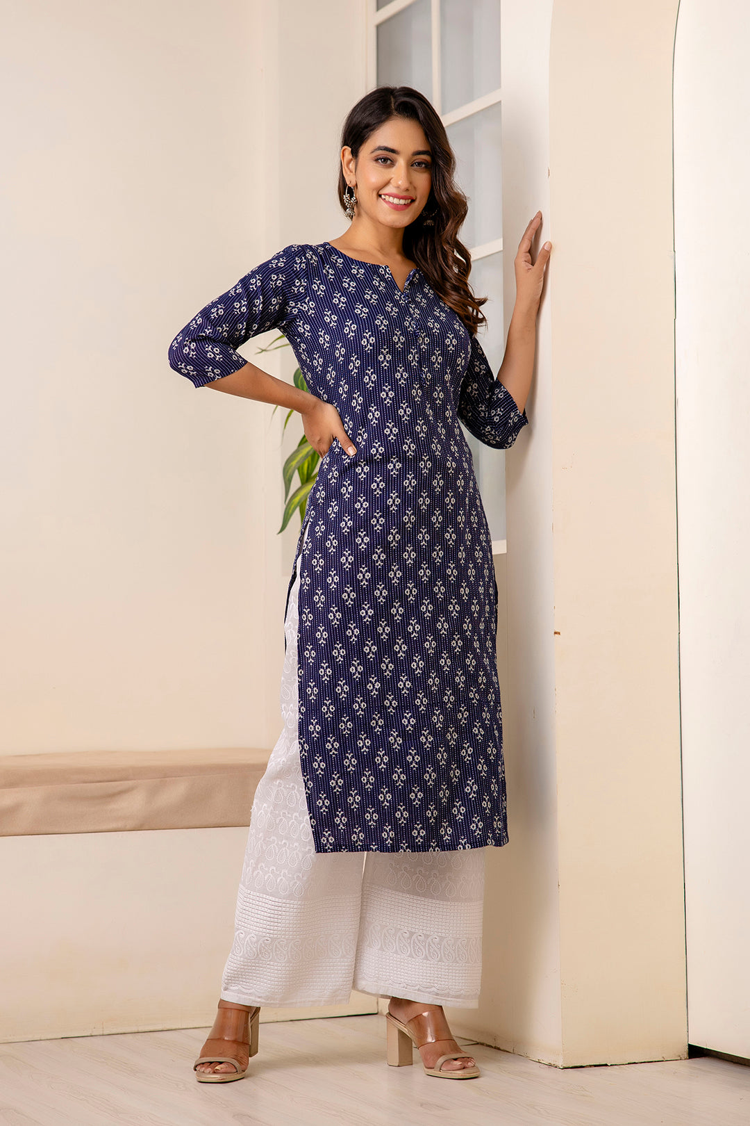 Women Navy Blue Printed Straight Kurta With Three Quarter Sleeves | LASVINI - Redefining Indian Fashion with Elegance