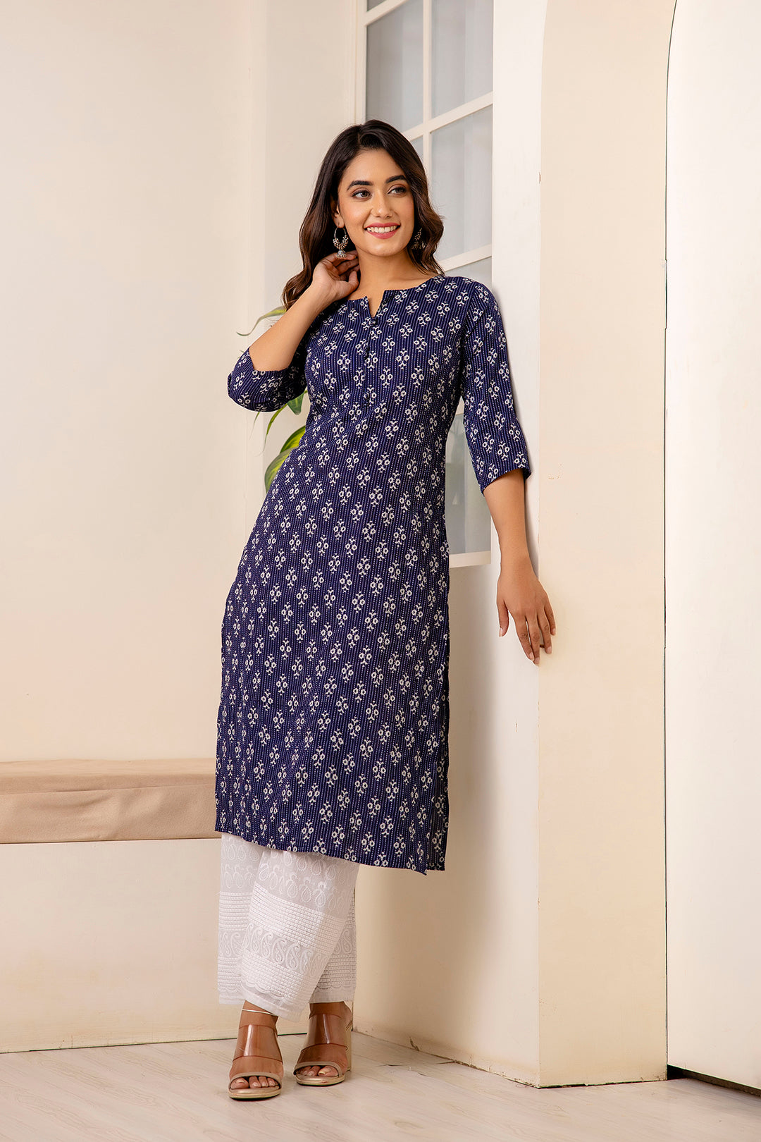 Women Navy Blue Printed Straight Kurta With Three Quarter Sleeves | LASVINI - Redefining Indian Fashion with Elegance