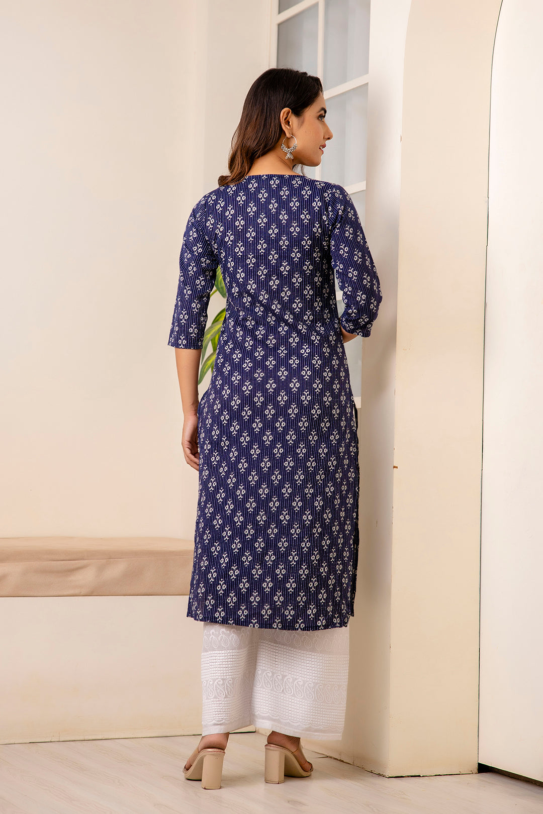 Women Navy Blue Printed Straight Kurta With Three Quarter Sleeves | LASVINI - Redefining Indian Fashion with Elegance