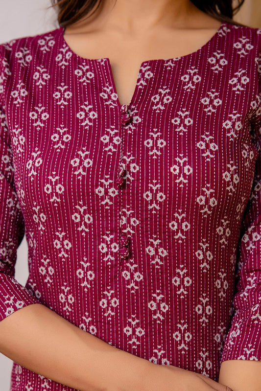 Women Burgundy Printed Straight Kurta With Three Quarter Sleeves | LASVINI - Redefining Indian Fashion with Elegance