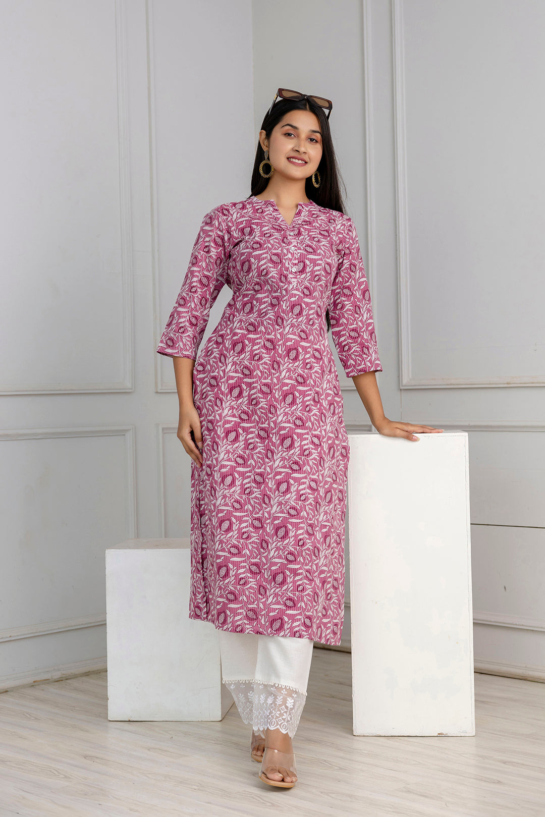 Mauve Printed Straight Kurta With Three Quarter Sleeves | LASVINI - Redefining Indian Fashion with Elegance