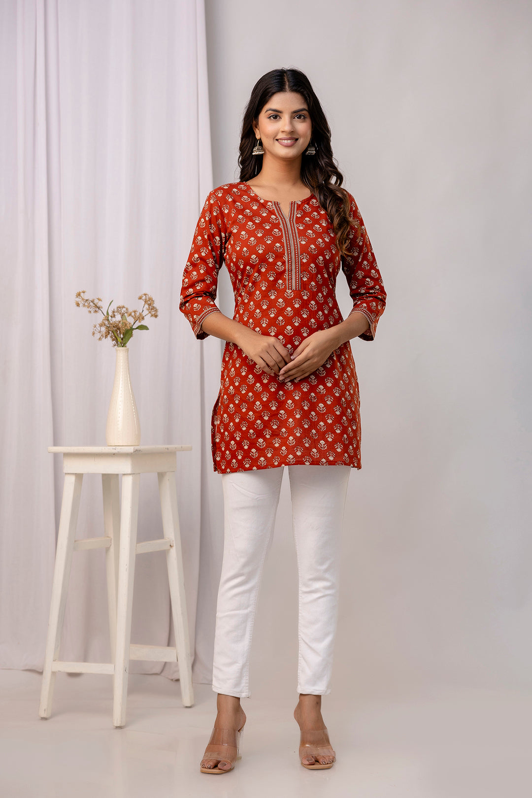 Women Rust Ethnic Printed Straight Tunic | LASVINI - Redefining Indian Fashion with Elegance