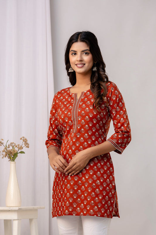 Women Rust Ethnic Printed Straight Tunic | LASVINI - Redefining Indian Fashion with Elegance