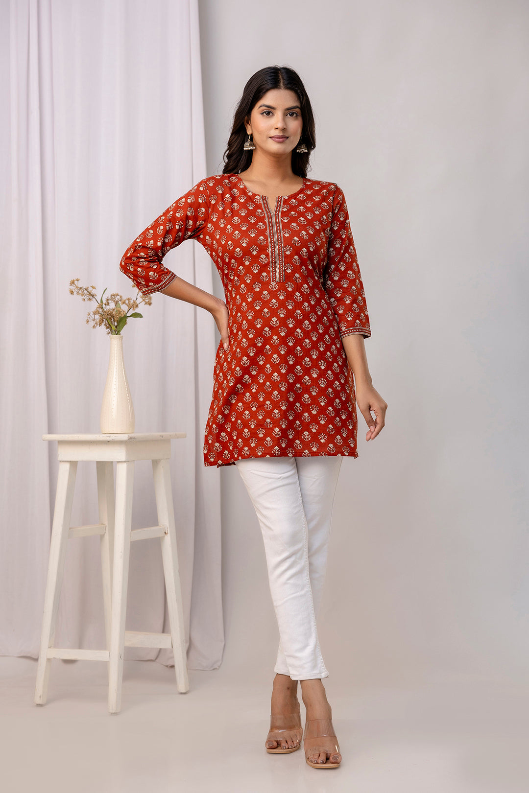 Women Rust Ethnic Printed Straight Tunic | LASVINI - Redefining Indian Fashion with Elegance