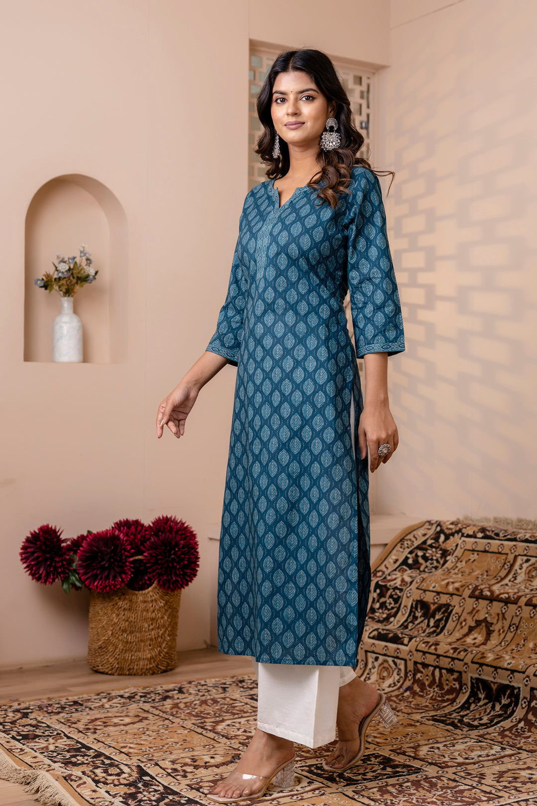 Women Teal Blue Printed Straight Kurta with Three Quarter Sleeves | LASVINI - Redefining Indian Fashion with Elegance