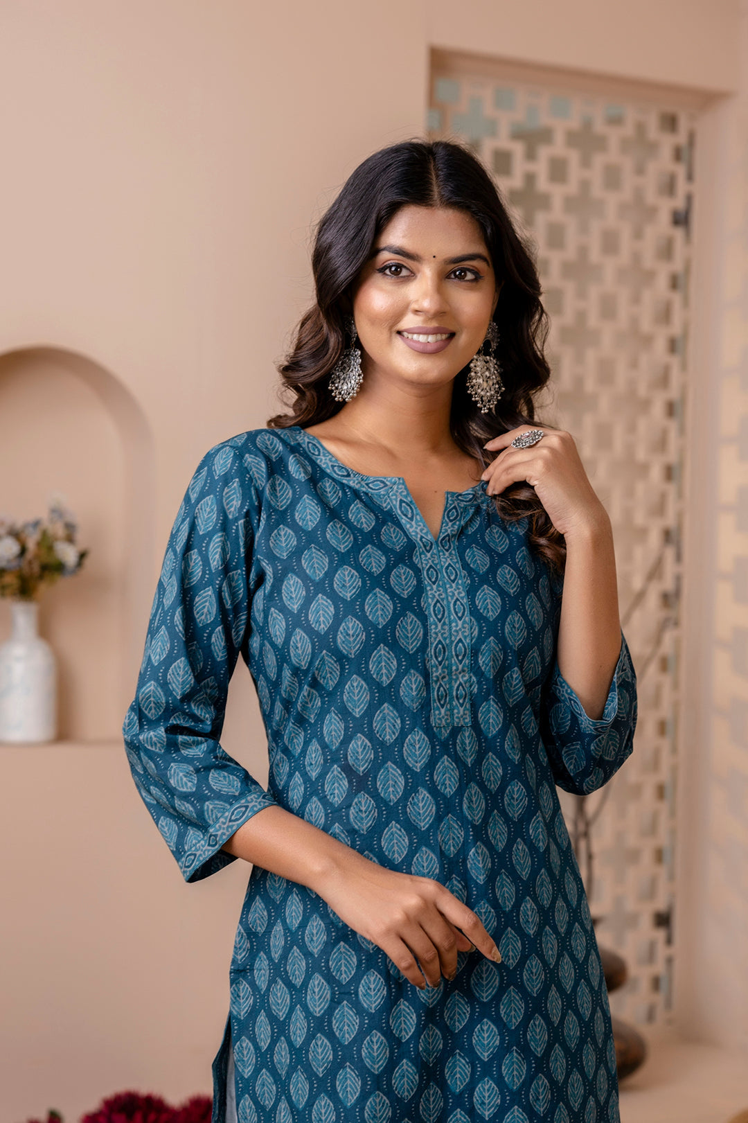 Women Teal Blue Printed Straight Kurta with Three Quarter Sleeves | LASVINI - Redefining Indian Fashion with Elegance