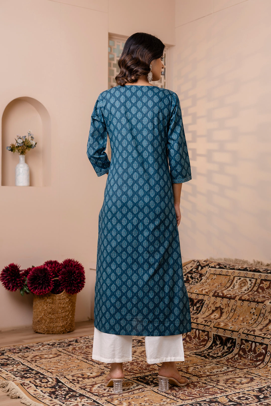 Women Teal Blue Printed Straight Kurta with Three Quarter Sleeves | LASVINI - Redefining Indian Fashion with Elegance