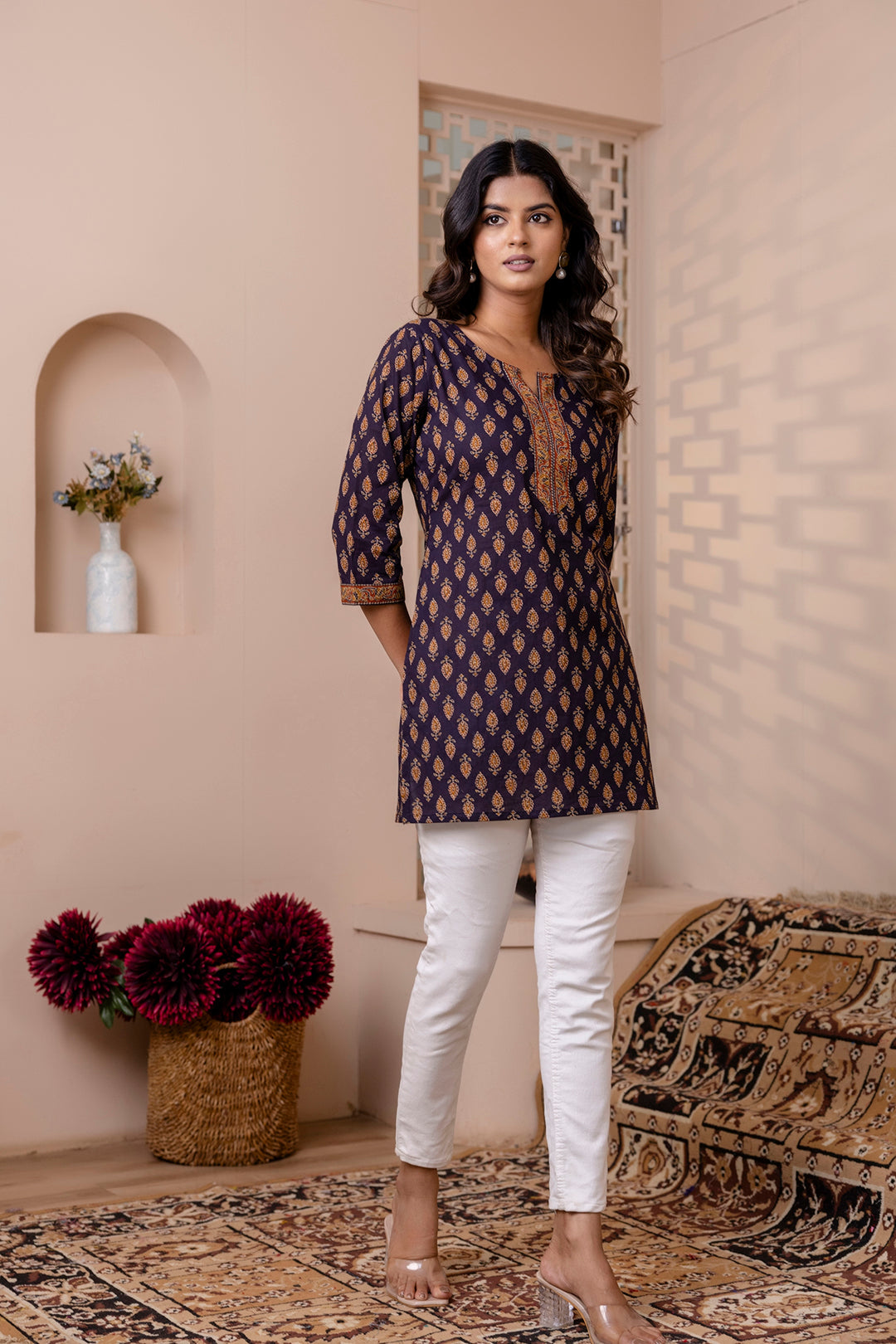 Women Navy Blue Printed Round neck Straight Tunic | LASVINI - Redefining Indian Fashion with Elegance
