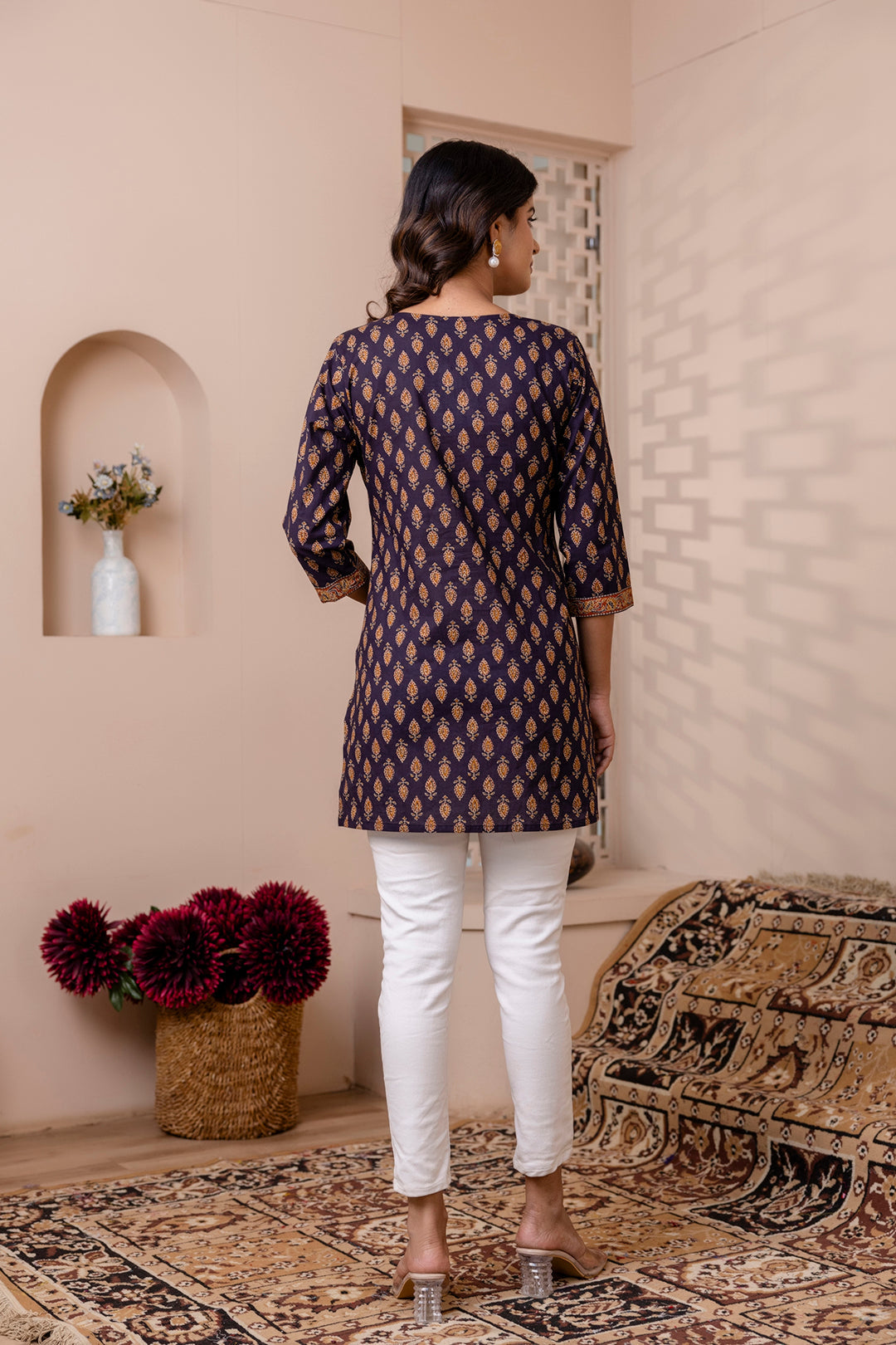Women Navy Blue Printed Round neck Straight Tunic | LASVINI - Redefining Indian Fashion with Elegance