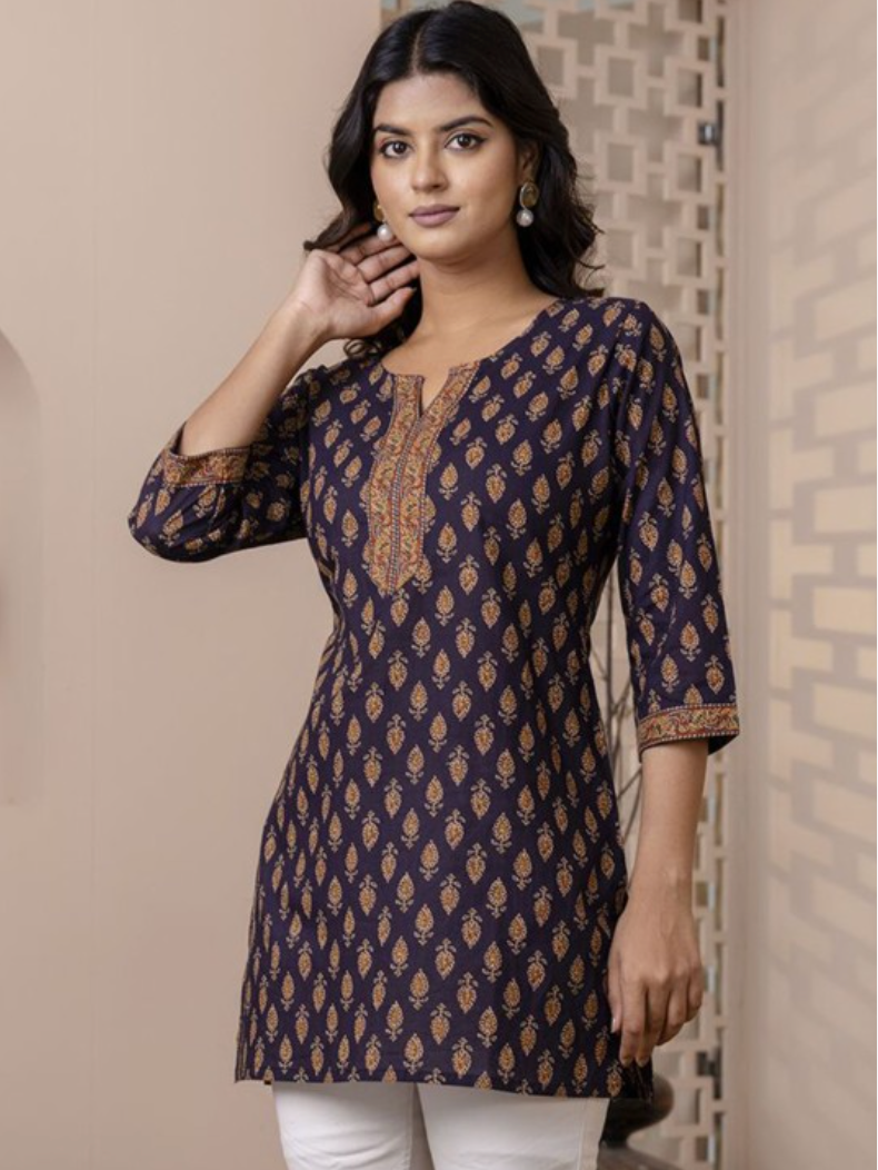 Women Navy Blue Printed Round neck Straight Tunic | LASVINI - Redefining Indian Fashion with Elegance