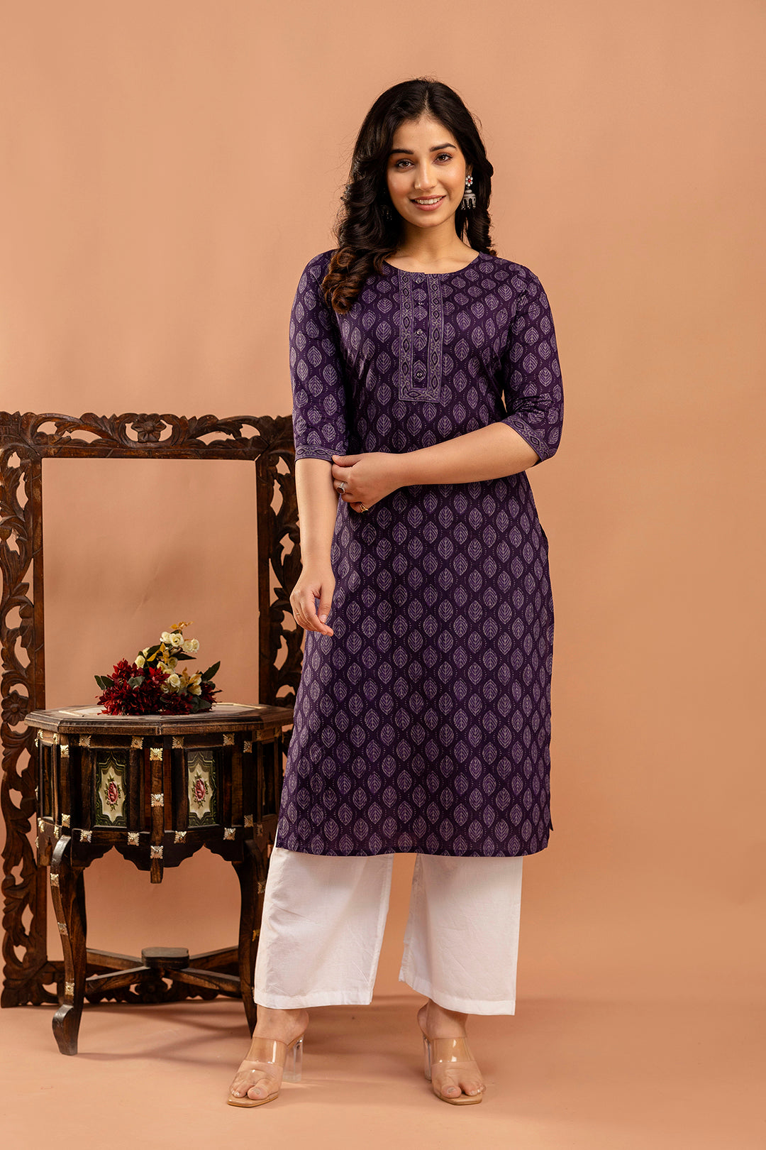 Purple Printed Straight Kurta with Three Quarter Sleeves | LASVINI - Redefining Indian Fashion with Elegance