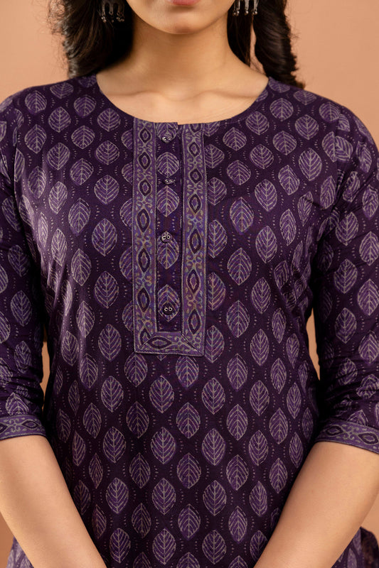 Purple Printed Straight Kurta with Three Quarter Sleeves | LASVINI - Redefining Indian Fashion with Elegance