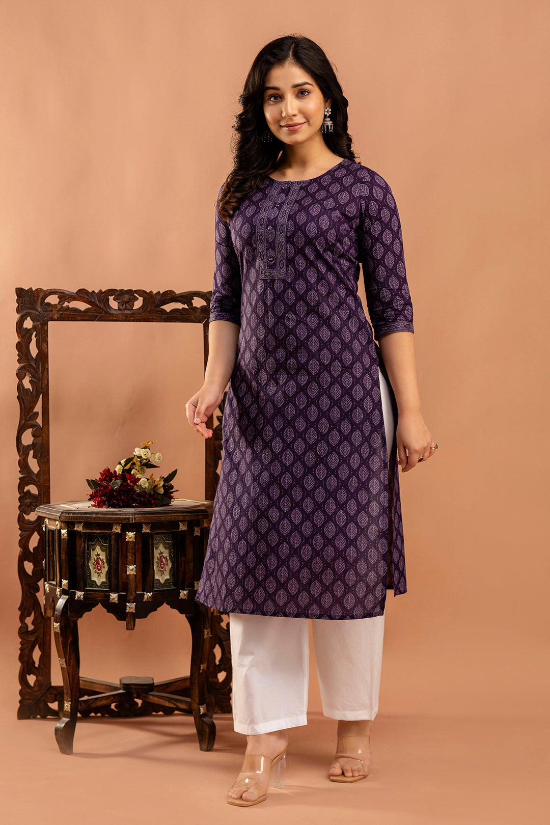 Purple Printed Straight Kurta with Three Quarter Sleeves | LASVINI - Redefining Indian Fashion with Elegance