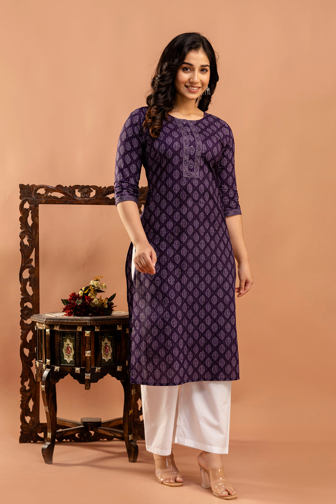 Purple Printed Straight Kurta with Three Quarter Sleeves | LASVINI - Redefining Indian Fashion with Elegance