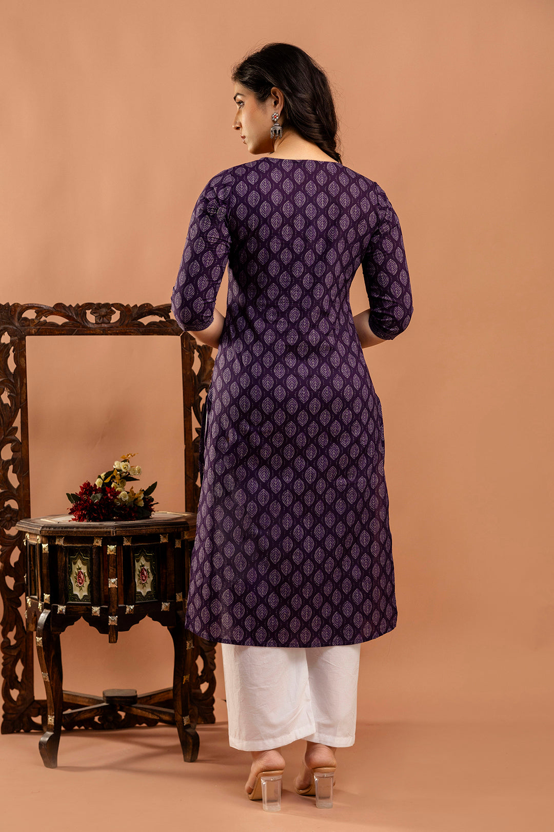 Purple Printed Straight Kurta with Three Quarter Sleeves | LASVINI - Redefining Indian Fashion with Elegance
